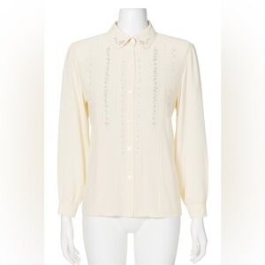 Vintage Silk Floral Embroidered Cream Button-Up Blouse